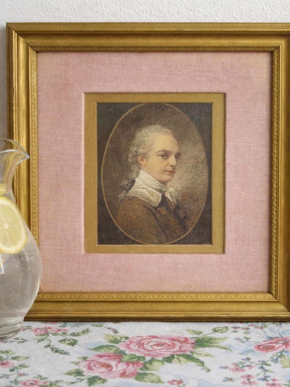 Framed Vintage Portrait Artwork in Pink Mat and Gold Frame